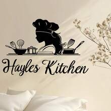 1pc "Hayles Kitchen" Decorative Kitchen Sticker. The Main Body Is A Silhouette Of A Woman Wearing A Chef's Hat, Surrounded By Kitchen Utensils Such As A Frying Pan, Whisk, And Spatula. The Overall Style Is Simple Yet Full Of A Homely Cooking Atmosphere, Used To Beautify The Kitchen Environment And Create A Warm Culinary Ambiance. - one-size - View 2