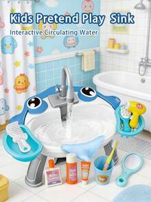 二合一儿童电动钓鱼戏水沙桌玩具，模拟梳妆台浴室玩具，户外沙滩泳池戏水套装（不含毛巾），幼儿礼物 - 鯊魚池 - 查看 1