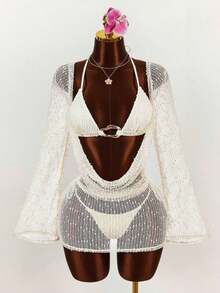 3pcs Women's Sexy Halter Bikini Set - Top, Bottom, And Cover-Up - 杏色 - 查看 9