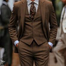 Men's 3pcs Wool Blend Herringbone Western Vintage Groom's Favors Wedding Suit For Formal Events, Work, Business, And Parties - Elegant Vintage Suit Jacket, Vest, And Pants - 淺棕色-1 - 查看 1