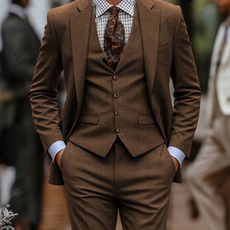 Men's 3pcs Wool Blend Herringbone Western Vintage Groom's Favors Wedding Suit For Formal Events, Work, Business, And Parties - Elegant Vintage Suit Jacket, Vest, And Pants - 淺棕色-1 - 查看 1
