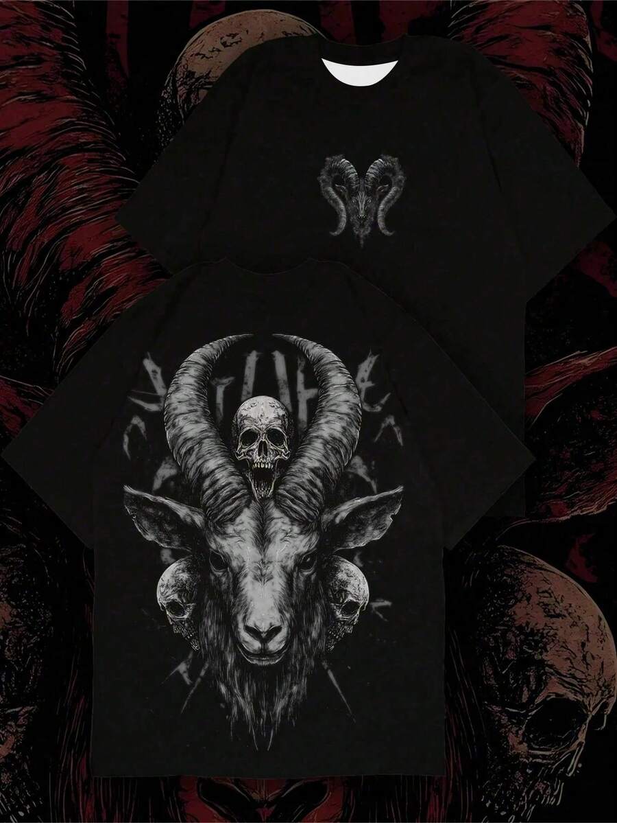 "Oversize-Streetwear-T-Shirt für Herren, leichtes Polyester-T-Shirt mit Gothic-Horror-Punk-Grafik, urbanes Kurzarm-Top" - Verschiedenfarbig - Übersicht 1