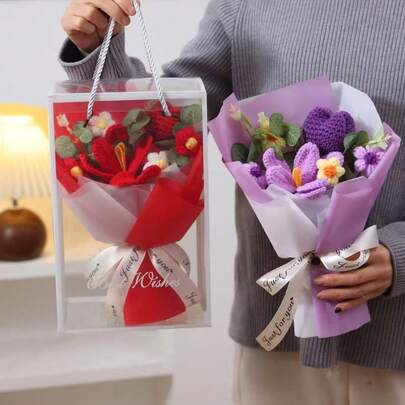 柔和色调编织花束 | 手工钩织郁金香和向日葵组合 | “专属于你”收藏礼品，女士生日、情人节礼物