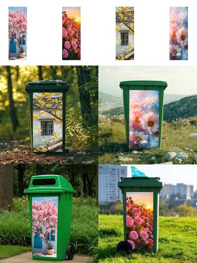 1pc Trash Can Sticker, Self-Adhesive Waterproof Removable Sticker, Fresh Sakura, Rose, Peach Blossom Pattern Sticker, Suitable For Trash Can Decoration, Kitchen Decoration, Etc.