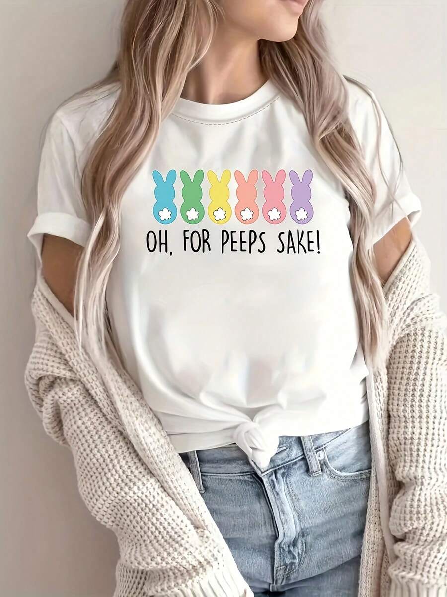 12.6 Camiseta Casual de Manga Corta para Mujer con Cuello Redondo y Estampado de Conejo de Pascua AXOD - Blanco A - Ver 1