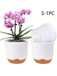 1/2个圆形塑料自吸水花盆，适用于室内外花卉植物、兰花、香草、虎尾兰和多肉植物，装饰性兰花容器 - 均碼 - 查看 12