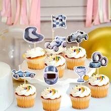16 buah Dekorasi Cupcake Berbentuk Mobil Balap Biru, Termasuk Setir, Bendera Trofi, Helm, dll., Cocok untuk Pesta Ulang Tahun Bertema Balap. - beraneka warna - View 4