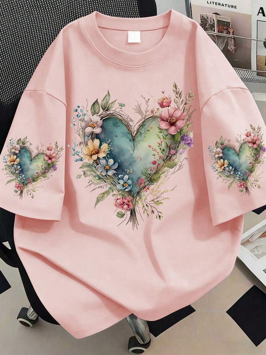 Camiseta de manga corta casual con estampado de corazón y flor en cuello redondo, blusas gráficas para mujer - Rosa - Ver 1