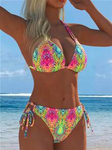 Vibrant Pattern Women's Bikini Set, Deep V Neck And Lace Up Details For A Sexy And Casual Beach Look - [多色] - 查看 4