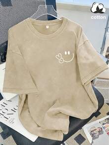 Vintage Washed Cotton Loose-Fit T-Shirt, Cute  Face And Heart Print, Women's Casual Street Style Short-Sleeve Top, Wrinkle-Resistant Washed Cotton T-Shirt - 杏色 - 查看 5