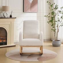 Silla mecedora de 27.2" de ancho para cuarto de niños, silla deslizante de poliéster con respaldo alto y bolsillo lateral, sillón mecedora con patas de madera de caucho para sala de estar/dormitorio. Color beige. - Marfil + Sherpa - Ver 10
