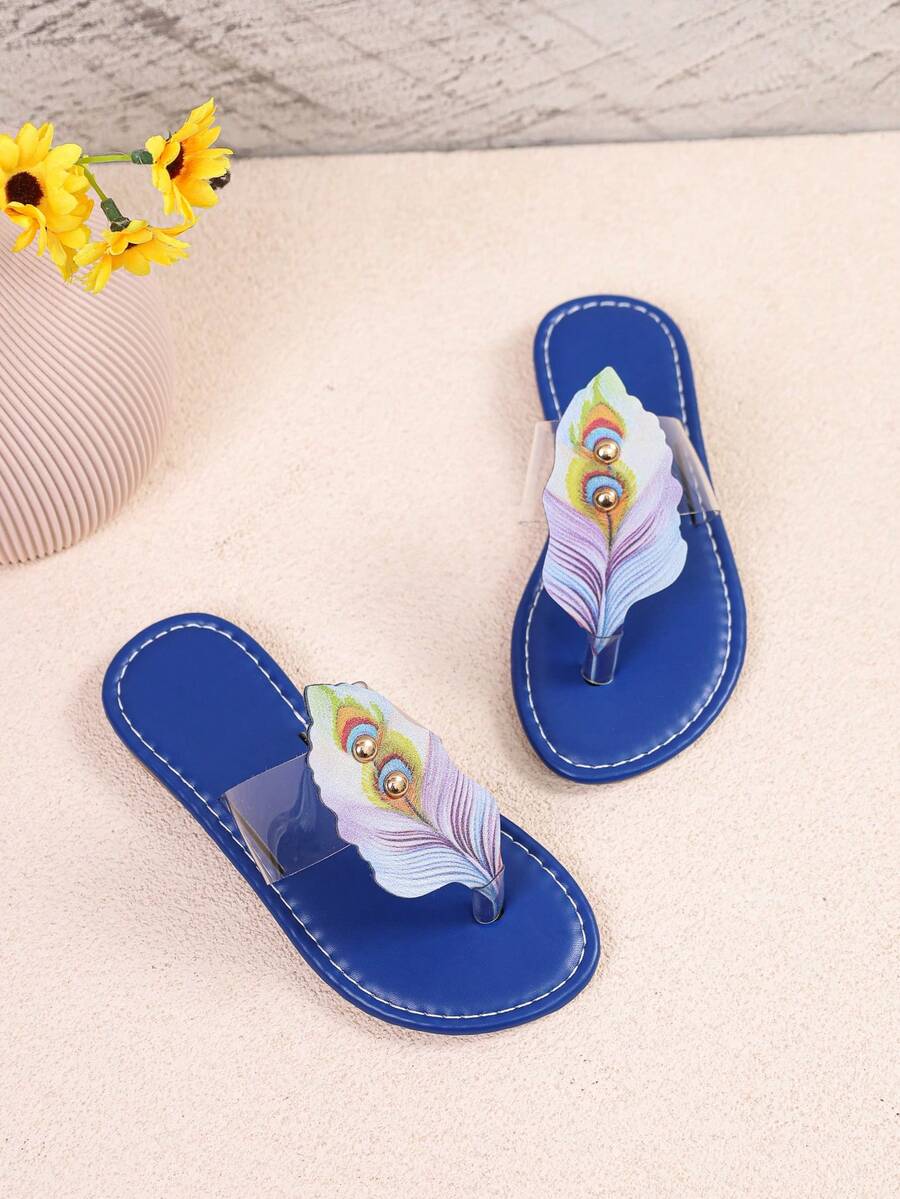 1 Pair Girls' Summer New Peacock Feather Thong Sandals, Suitable For Daily Wear, School, Beach, Home, Vacation And Outdoor Activities - Blue - View 1