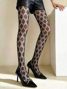 1双女士镂空蕾丝图案渔网袜，弹力透明尼龙丝袜，Y2K前卫风格连裤袜，适合夜店和约会之夜 - 彩色 - 查看 11