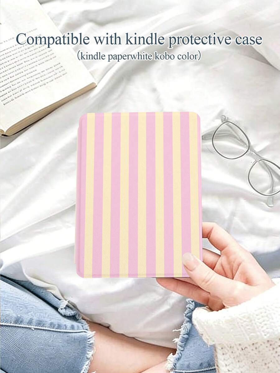 1pc Pink & Yellow Striped Print Pattern Protective Case With Auto Wake/Sleep Function, Lightweight & Slim Fit For Kindle NK 11/Kobo/Kindle Paperwhite 5/Kindle 2024 - Multicolor - View 1