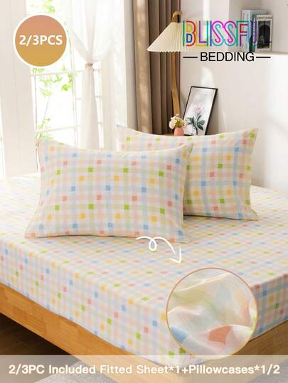 2/3pcs Colorful Plaid Bedding Set, Soft & Skin-Friendly Fitted Sheet & Pillowcase Set, Suitable For Bedroom/Dorm (Boys/Girls), Travel, 2/3 Pieces (1 Fitted Sheet + 1/2 Pillowcase With Pocket, Excluding Filler)
