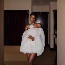 Elegant White Halter A-Line Short Dress With Exaggerated Ruffle Flounce Hem And Puffy Long Lantern Sleeves For Party - trắng - Xem 2