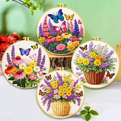 1 Set Kit de Iniciación de Bordado, Materiales de Artesanía Manual Floral DIY, Incluye Hilos de Bordado y Tela Estampada, Con o Sin Aro de Bordado, Patrones de Mariposa y Floral, Regalo de Manualidades y Artes para Adultos