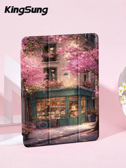 Kingsung 樱花花店图案平板电脑保护套，兼容 iPad 9.7/10.2/10.5/10.9/12.9/Pro 11（第十代）、Galaxy Tab S6 Lite 10.4、Kindle Paperwhite（第十二代，2024 年款）、Kindle（第十一代，2022 年款）、Kobo Clara Color。提供柔软防震保护，支持智能支架/自动唤醒/睡眠功能。