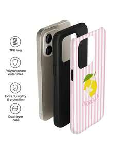 1 pièce Étui de téléphone à rayures roses et blanches, minimaliste, artistique, rayures fraîches, motif citron, brillant, 2-en-1, compatible avec Samsung/ 11/12/13/14/15/16/17 Pro Max, cadeau de printemps - Multicolore - Voir 5
