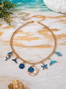 1件夏季海滩度假风海洋系列贝壳/海星吊坠别致设计魅力项链，适合女性日常佩戴 - 彩色 - 查看 4