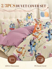 Bluey 2/3pcs Bedding Set, Soft Anti-Pilling Duvet Cover Set, Cartoon Pattern Duvet Cover Set, Suitable For Double Bed, Full Size, King Size, Queen Size, All Season Use, Fashionable & Cute Bedding Set For Bedroom & Dorm, Machine Washable, Spring/Summer Decor, New Spring/Summer Collection - Multicolor - View 2