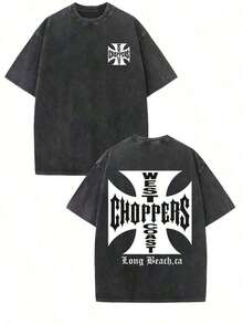 WEST COAST CHOPPERS Men's Retro Streetwear T-Shirt - 230g Washed Cotton, Double-Sided Print, Loose-Fitting Drop-Shoulder Short-Sleeved T-Shirt With A California Long Beach Graphic.Perfect For Casual Summer Wear And As A Gift.High-Quality Fabric, Versatile Printed T-Shirt. - 黑色 - 查看 12