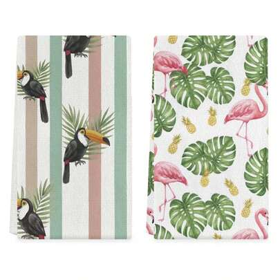 2pcs Spring/Summer Dishcloths, 16x24 Inch Tropical Plant, Parrot, Floral Print Kitchen Towels, Super Soft Polyester Dish Rags, Great For Home, Wedding, And Housewarming Gifts