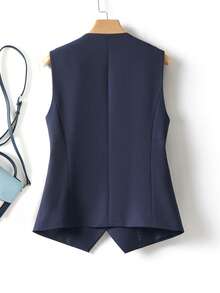 女士纯色背心，V领外套，修身款，春秋季时尚通勤装，适合外出穿着，夏季女装 - 寶藍色 - 查看 2