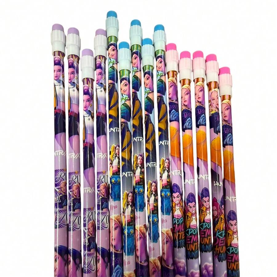 6支装 K-POP 系列铅笔，带橡皮擦笔帽，文具配件 - 彩色 - 查看 1