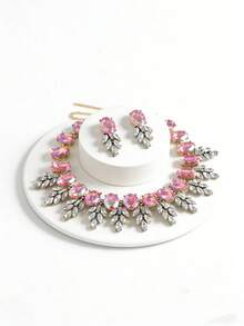 Bộ 3 món dây chuyền và bông tai, bộ trang sức cưới màu hồng thanh lịch, phù hợp với váy dạ hội, dự tiệc, làm quà tặng. - Bộ dây chuyền xinh xắn - Xem 2