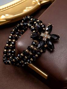 1pc Fashionable Vintage Luxury Floral Sparkling Rhinestone Inlaid Glass Beaded 3-Layer Bracelet, Suitable For Banquet, Holiday, Party Wear - Black - View 1