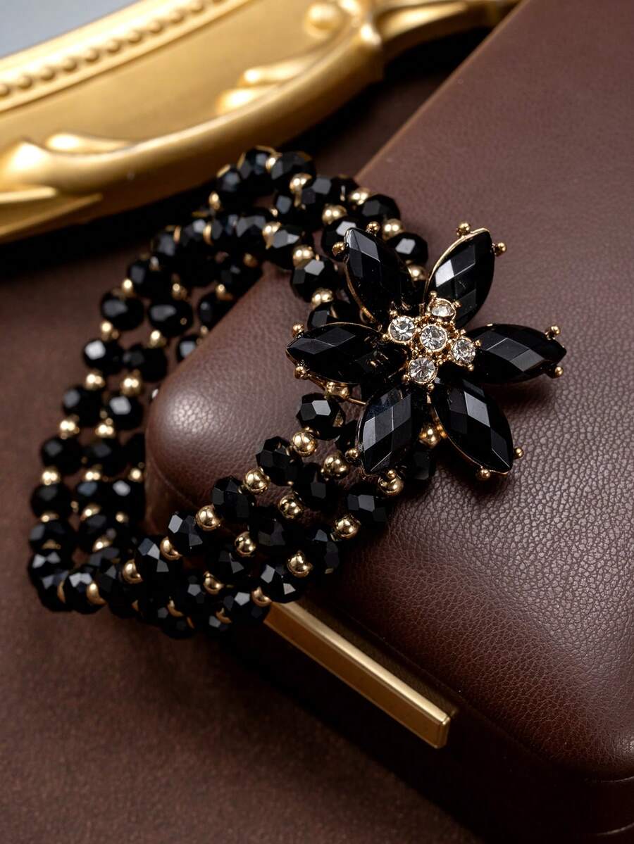 1pc Fashionable Vintage Luxury Floral Sparkling Rhinestone Inlaid Glass Beaded 3-Layer Bracelet, Suitable For Banquet, Holiday, Party Wear - Black - View 1