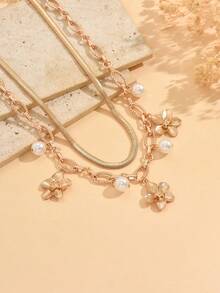 2pcs/Set Fashionable Gold Flower Pendant Necklace, Elegant Faux Pearl Thick Snake Chain Jewelry, Suitable For Daily Wear And Party - Gold - View 3