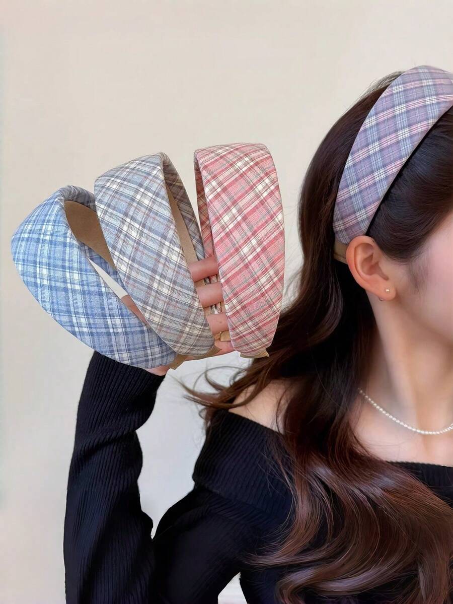 1pc Women's Fresh Plaid Headband, Fashionable Korean Style Wide-Brim Headpiece, Suitable For Daily Use Hair Band Hair Hoop,Summer,Holiday,Travel - Multicolor - View 1