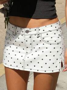 Women Summer Mini Jean Skirts Casual Dots Print Denim Skirt For Beach Vacation Club Streetwear - 白色 - 查看 4