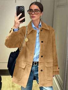 女士长袖休闲优雅通勤外套，适合度假和日常穿着，秋冬春季皆宜 - 卡其色 - 查看 1