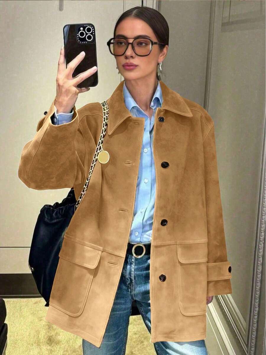 女士长袖休闲优雅通勤外套，适合度假和日常穿着，秋冬春季皆宜 - 卡其色 - 查看 1