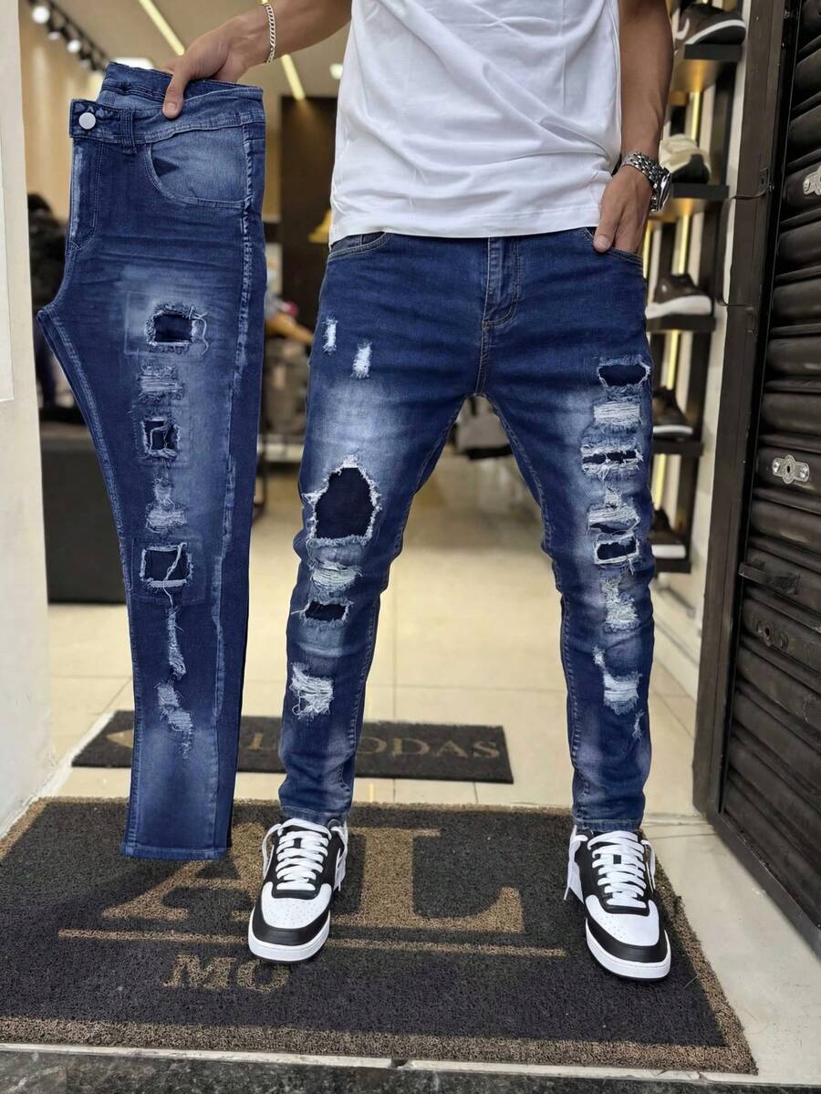 Men's Skinny Ripped Jeans, Stretch Denim Pants With Flared Leg, Frayed Hem And Slant Pockets, Casual And Versatile