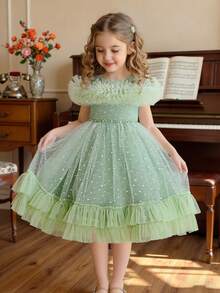 Váy nơ trễ vai lưới xếp nếp thanh lịch dành cho bé gái, thích hợp cho các buổi khiêu vũ ở trường, tiệc sinh nhật - màu xanh lá - Xem 1