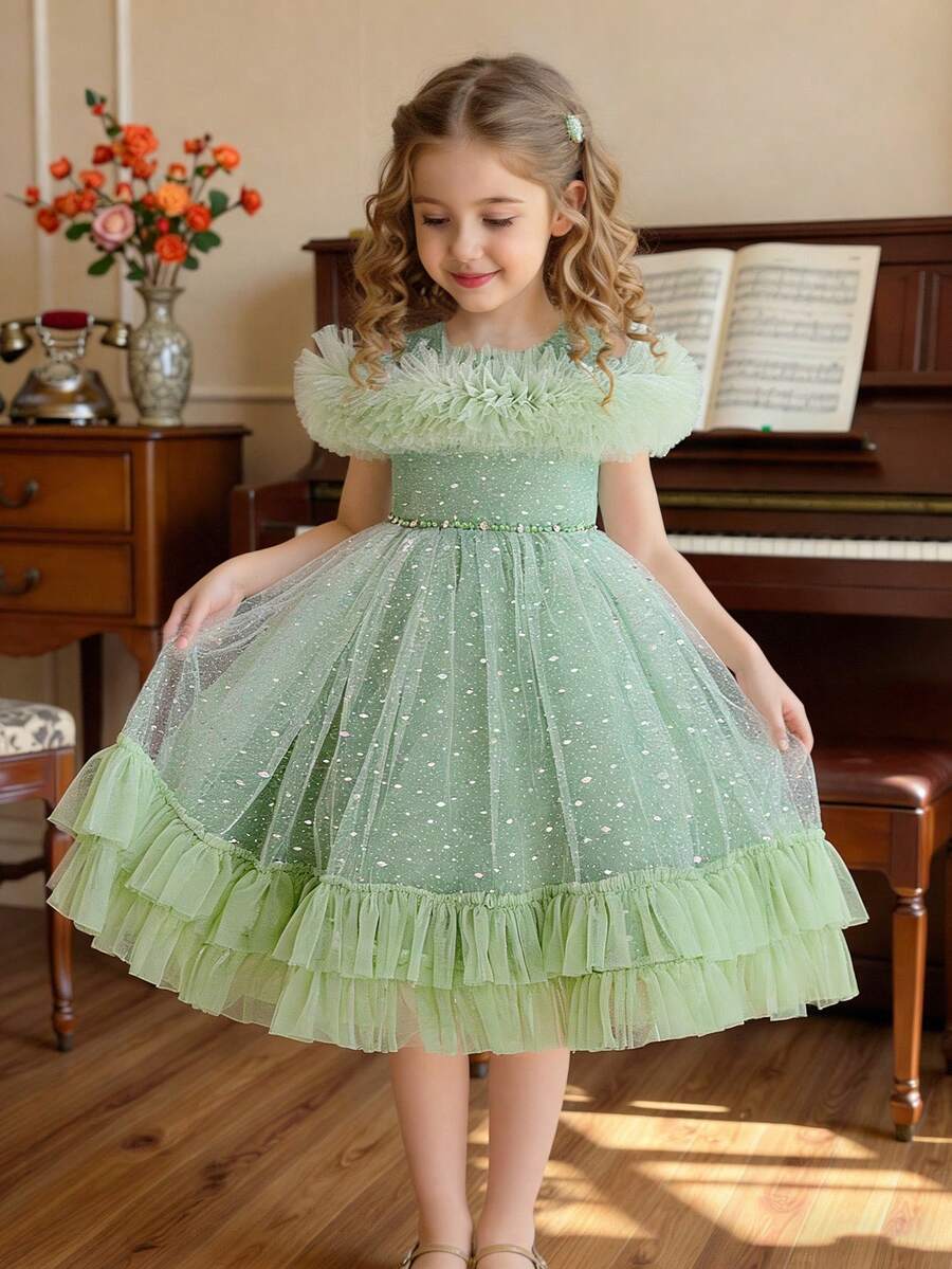 Váy nơ trễ vai lưới xếp nếp thanh lịch dành cho bé gái, thích hợp cho các buổi khiêu vũ ở trường, tiệc sinh nhật - màu xanh lá - Xem 1