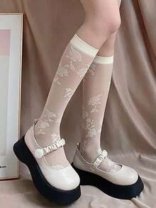 女士玫瑰花图案中筒袜一双装，轻薄夏季款，适合校园/休闲场合 - 彩色 - 查看 8