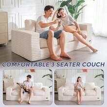 Sofá sin costuras de 3 plazas en caja, sofá moderno de piel sintética para la sala de estar, sofá de espuma de alta densidad suave y con cojines, esponjoso y de apoyo, sin necesidad de montaje, color blanco - Blanco - Ver 6