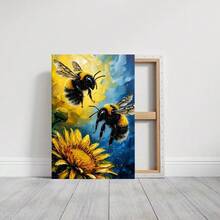1Pc Framed Canvas Poster Print Bees Collecting Nectar, Sunflower Field, Impressionist Oil Painting Style Wall Art Decor, Perfect For Room Decor Living Room Bedroom Office Kitchen Bathroom Home Decor, Ideal Home Wall Decoration Gift, 2D Flat - Framed - View 3