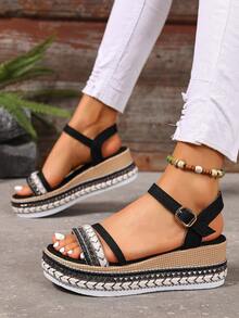 Summer Fashion Women's Wedge Sandals, Bohemian Style Rivet Open-Toe Design With Ankle Strap, Breathable And Comfortable Casual Elegant Flat Shoes - Black - View 4