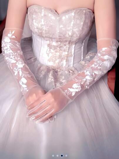 1 Pair White Long Lace Floral Bridal Gloves, Suitable For Wedding, Banquet, Ceremony Dress Accessories