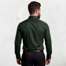 Men's Satin Shirt Premium Fabric Simple Regular Fit Button - 軍綠色 - 查看 3