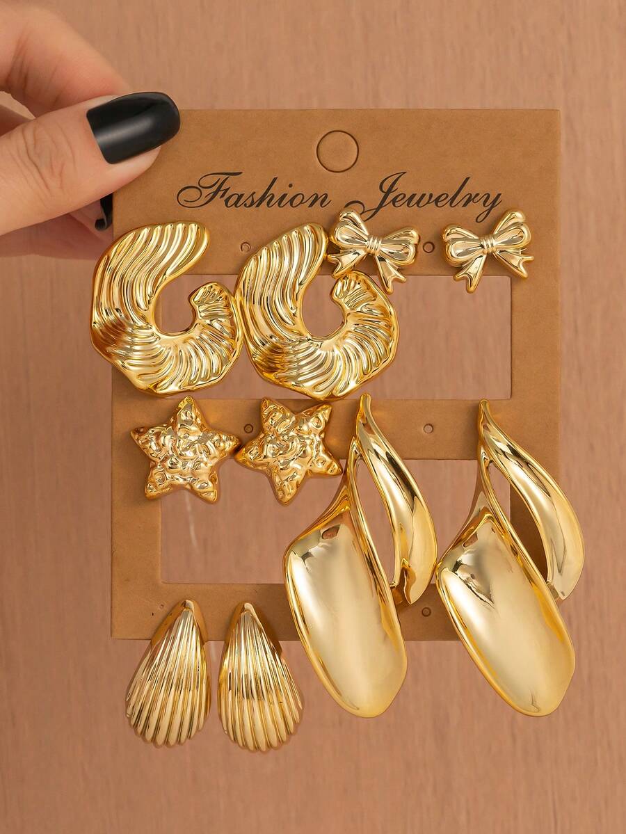 新款欧美跨境时尚简约创意叶形蝴蝶结水滴形女士耳环套装，百搭优雅 - 金色 - 查看 1