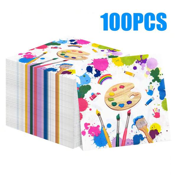 100/60/20张装，13*13英寸一次性艺术绘画主题餐巾纸，以绘画为核心元素，包含调色板、画笔、彩色颜料泼洒、彩虹、小图案等创意元素。适用于艺术主题派对、儿童艺术课、创意生日派对、家庭聚餐、工作室茶歇、学校美术课配套以及餐厅装饰餐巾纸。