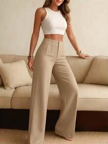 Women's Solid Color Wide Leg Business Pants, Straight Leg Casual Trousers, Versatile For Various Occasions And Commuting White Spring - 卡其色 - 查看 4