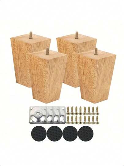 Bộ 4 chân đế hình nón cho đồ nội thất, chân gỗ nguyên khối phù hợp cho ghế sofa, bàn trang điểm, giường - Chân thay thế bằng gỗ đa năng kèm tấm gắn kim loại và ốc vít.